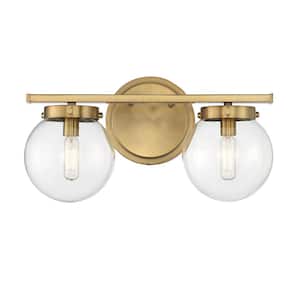 16 in. W x 8 in. H 2-Light Natural Brass Bathroom Vanity Light with Clear Glass Shades