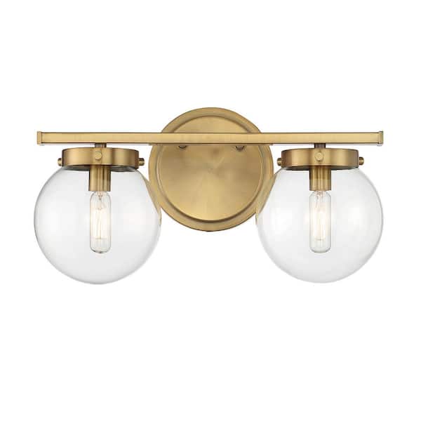 TUXEDO PARK LIGHTING 16 in. W x 8 in. H 2-Light Natural Brass Bathroom Vanity Light with Clear Glass Shades