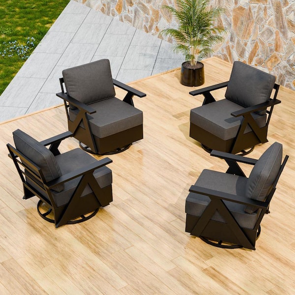 Modern Black Rust-Resistant Metal Frame Swivel Outdoor Rocking Chair with Gray Cushions (Set of 4)