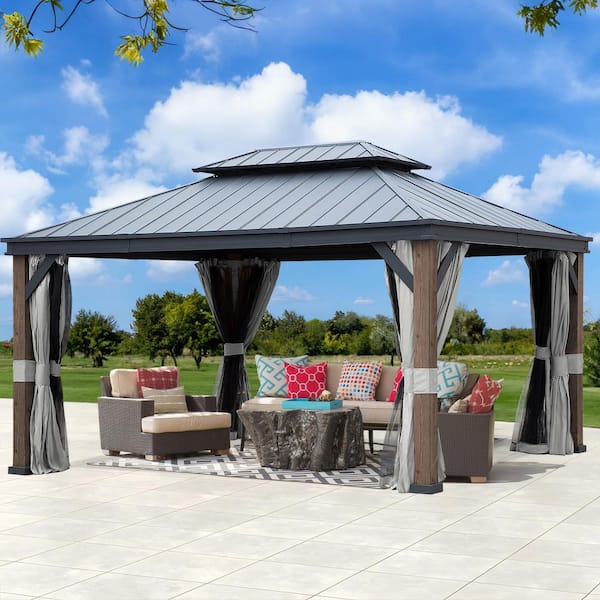 JOYSIDE 12 ft. x 16 ft. Wood Grain Double Galvanized Steel Roof Gazebo with Ceiling Hook, Mosquito Netting and Curtains