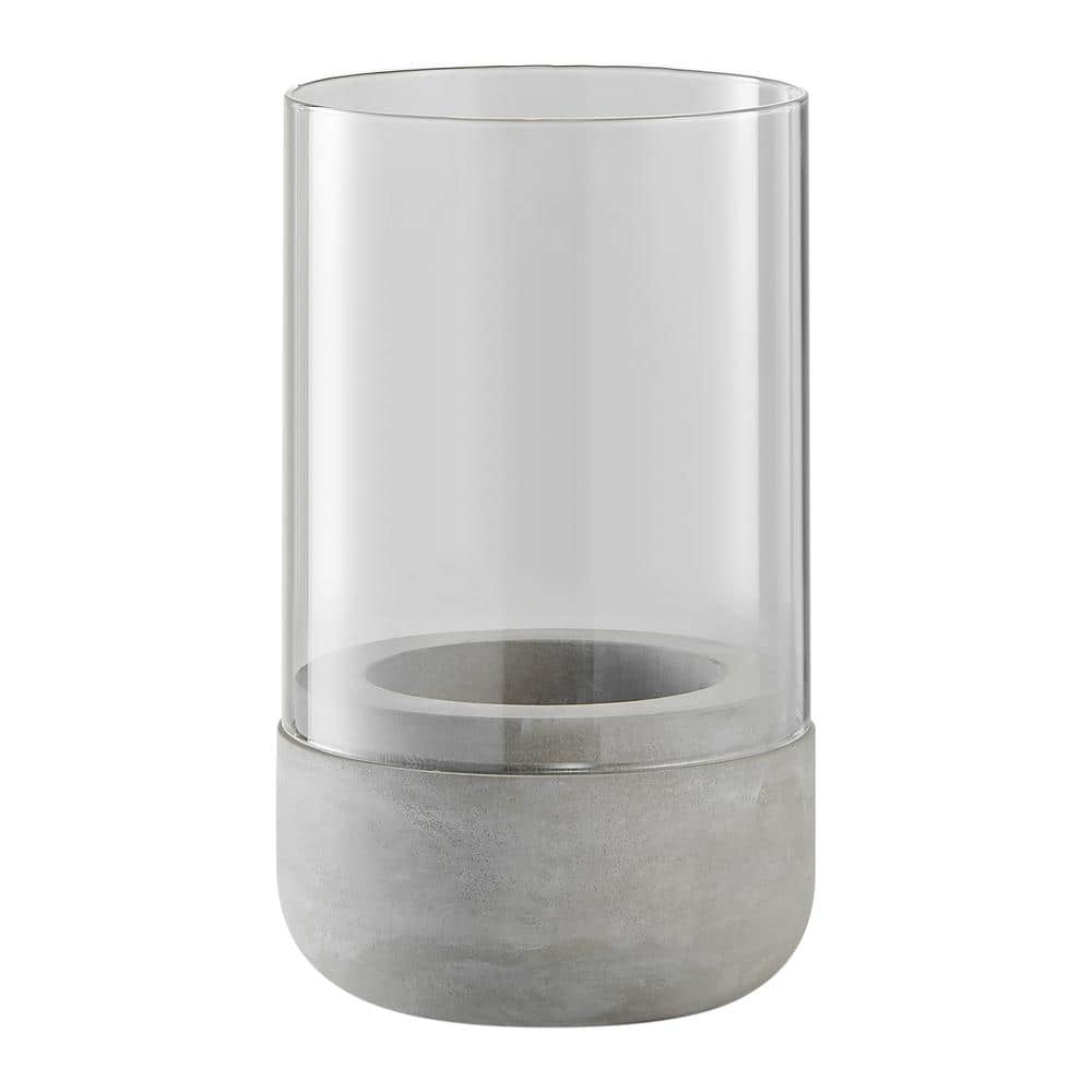 Small Cool Gray Cement Base and Glass Hurricane Candle Holder
