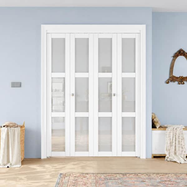 64 in. x 80 in. 3 Lite Frosted Glass Durable Solid Core and White MDF Finished Bi-fold Door with Hardware Kit