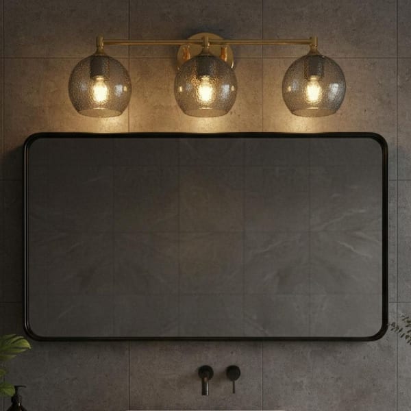22.1 in. 3-Light Brass Gold Bathroom Vanity Light, Bathroom Light Fixtures with Gray Crackle Glass Shades Over Mirror