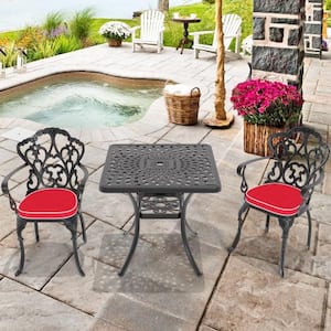 3-Piece Black Cast Aluminum Outdoor Dining Set, Patio Furniture with 30.71 in. Square Table and Random Color Cushions
