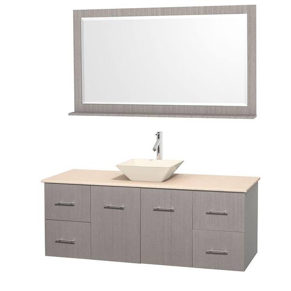 Wyndham Collection Centra 60 in. Vanity in Gray Oak with Marble Vanity Top in Ivory, Bone Porcelain Sink and 58 in. Mirror