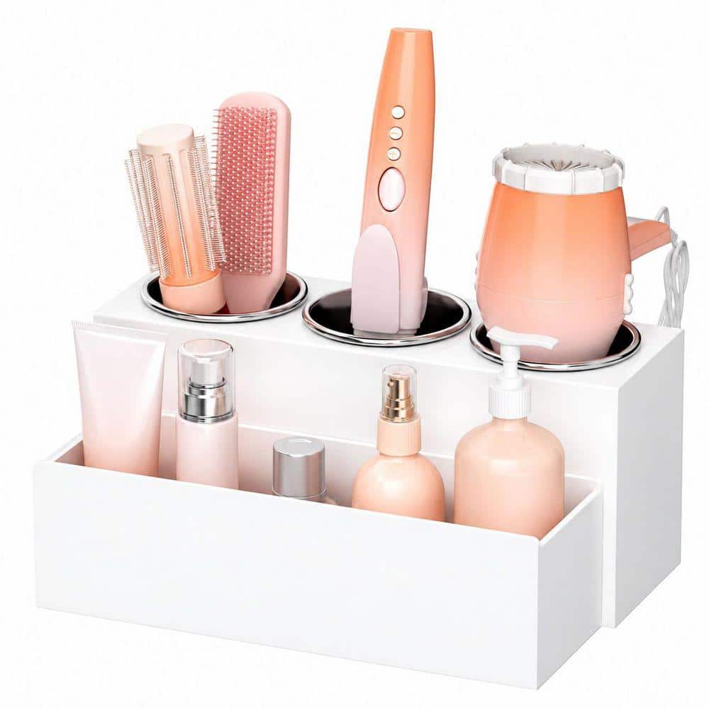 11.1 in Wall Mount Hair Tool Organizer with 3 Cups, White Acrylic and Stainless Steel