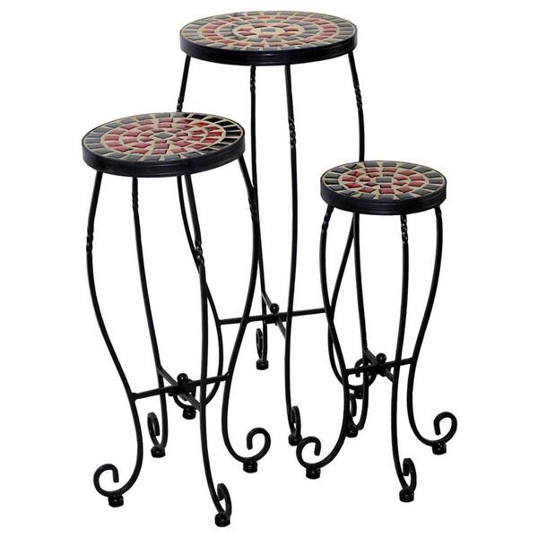 Alfresco Stellarton Black and Red Tiled Round Plant Stands with Powder Coated Base (3-Piece)