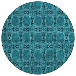 Chantille ACN564 Teal 8 ft. x 8 ft. Round Machine Washable Indoor/Outdoor Geometric Area Rug