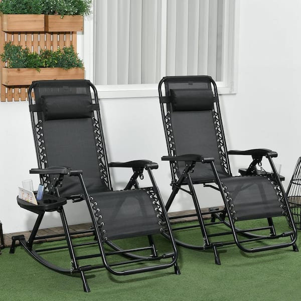 Sudzendf Black Steel Outdoor Rocking Chair 2-Pieces, Foldable Reclining Zero Gravity with Pillow