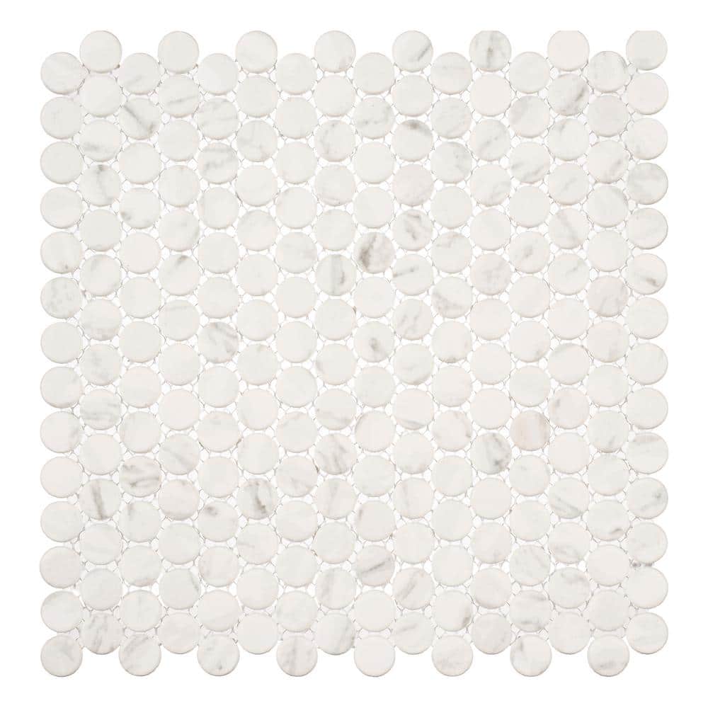 Pixie Aura White/Light Gray 12-1/8 in. x 12-1/8 in. Penny Round Smooth Glas