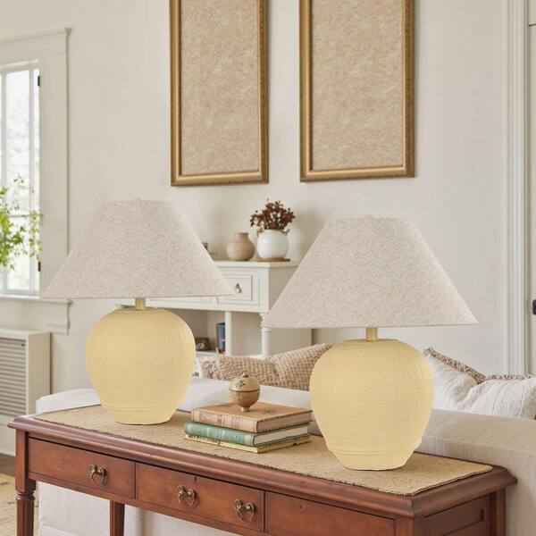 Uixe 21.65 in. Cream Ceramic Table Lamp Set with White Fabric Bell
