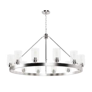 Hartland 12-Light Brushed Nickel Wagon Wheel Chandelier with Clear Seeded Glass Shades