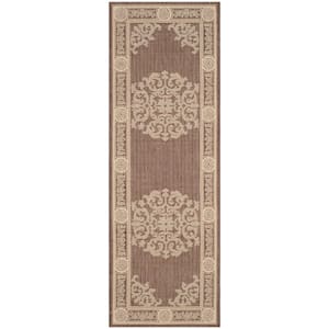 Courtyard Chocolate/Natural 2 ft. x 12 ft. Floral Indoor/Outdoor Patio  Runner Rug