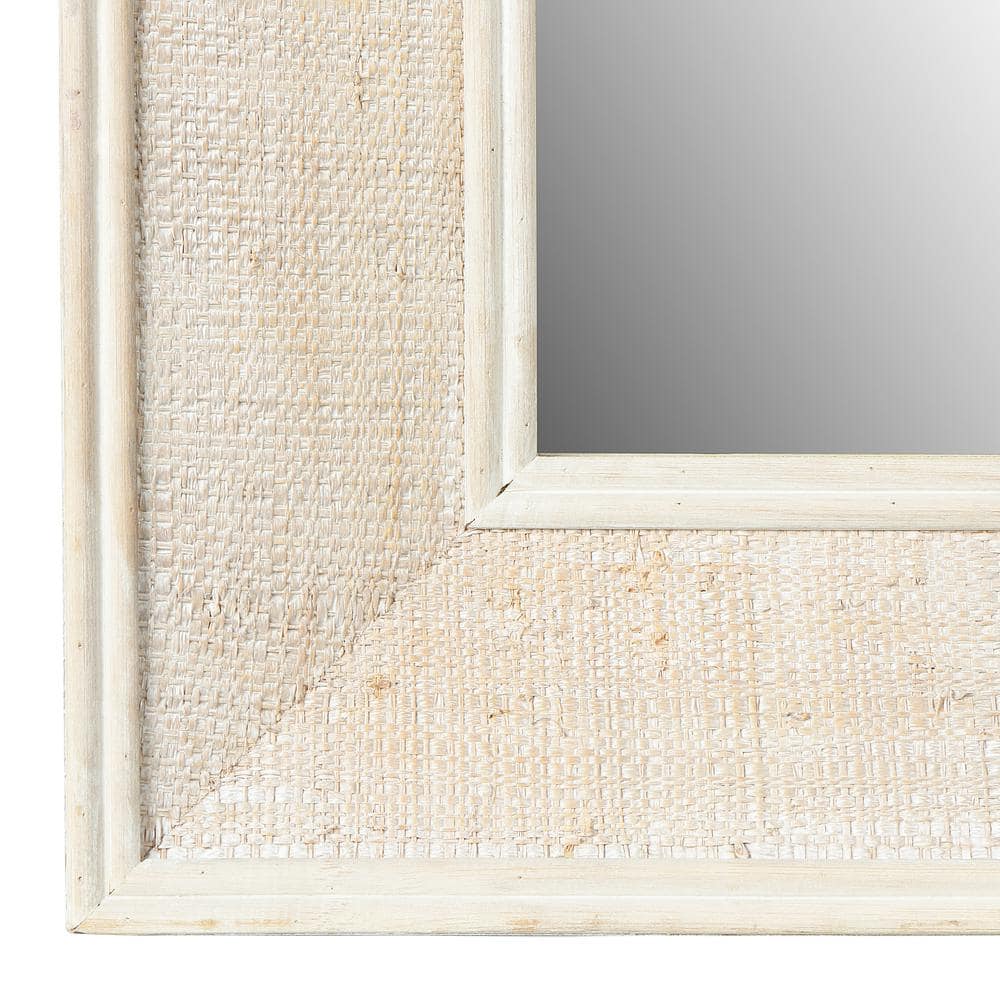 White Rectangular Wall Mirror with Rattan Detail