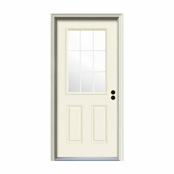 JELD-WEN 32 in. x 80 in. 9 Lite Vanilla Painted Steel Prehung Left-Hand Inswing Entry Door w/Brickmould