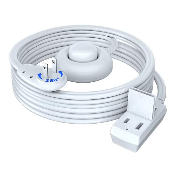 MAXIMM 10 ft. 16/2 Light Duty Indoor Extension Cord 360° Rotating Flat Plug 2-Prong Footswitch with Cover, 13Amps, White
