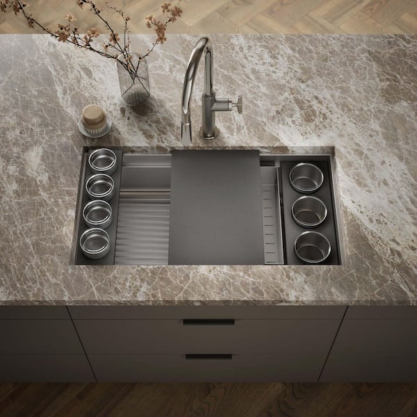 Synthos 33.75 in. Undermount Single Bowl Stainless Steel Workstation Kitchen Sink with Paper Composite Accessory Bundle