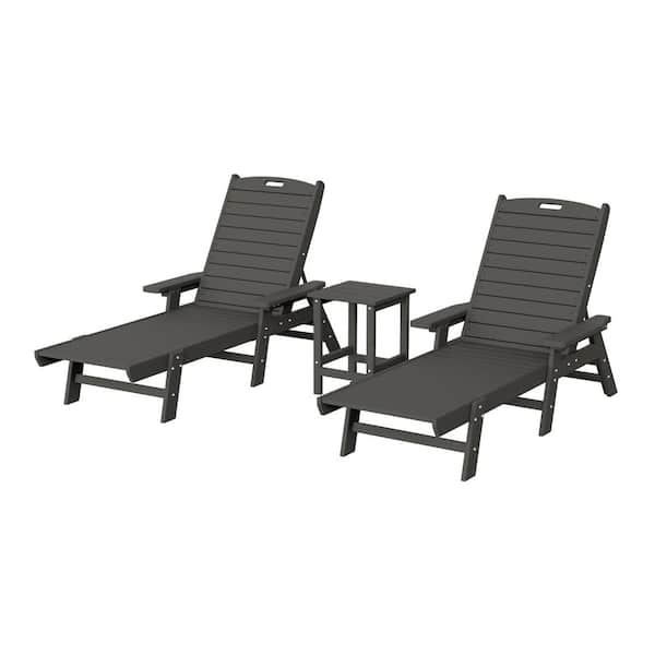 Harlo 3-Piece Gray Fade Resistant HDPE Plastic Reclining Outdoor Patio Chaise Lounge Arm Chair and Table Set
