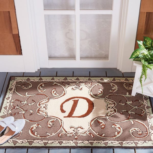 Monogram Mocha 3 ft. x 4 ft. "D" Ornate Floral Indoor/Outdoor Area Rug