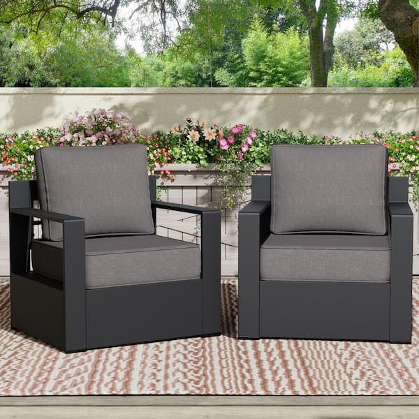 2-Piece Aluminum Armrest Outdoor Lounge Chair with Deep Seating and Gray Cushions