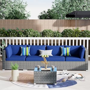 Messi Grey 5-Piece Wicker Outdoor Patio Conversation Sofa Seating Set with Navy Blue Cushions