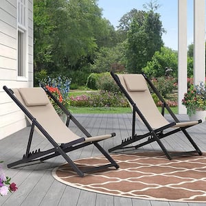 Aluminum Frame Patio Bistro Set With 2 Folding Portable Lounge Chairs, Beige