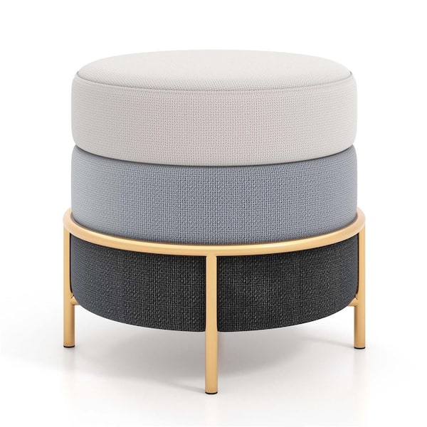 Costway Beige and Gray Linen Fabric Round Accent Small Ottoman