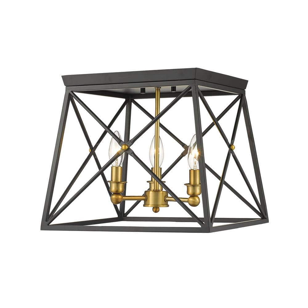 Trestle 14 in. 3-Light Matte Black and Olde Brass Flush Mount Light with No