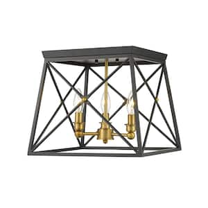 Trestle 14 in. 3-Light Matte Black and Olde Brass Flush Mount Light with No Bulbs Included