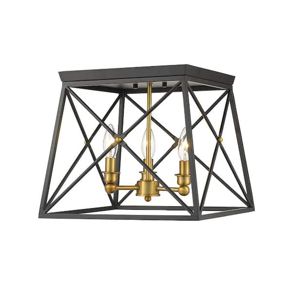 Unbranded Trestle 14 in. 3-Light Matte Black and Olde Brass Flush Mount Light with No Bulbs Included