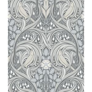 57.5 sq. ft. Argos Grey and Linen Bird Scroll Unpasted Nonwoven Wallpaper Roll
