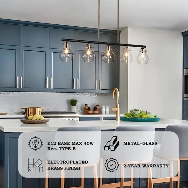 38 in. Large 5-Light Modern Black Chandelier, DIY Globe Pendant Light, Farmhouse Brass Island Chandelier for Dining Room
