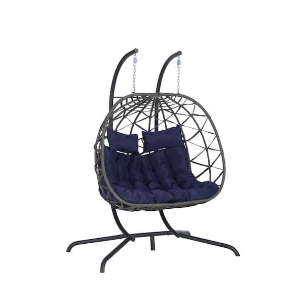 ITOPFOX 2-Person Deep Gray Outdoor Rattan Metal Porch Swing Hanging Chair Patio Wicker Egg Chair with Deep Blue Cushion
