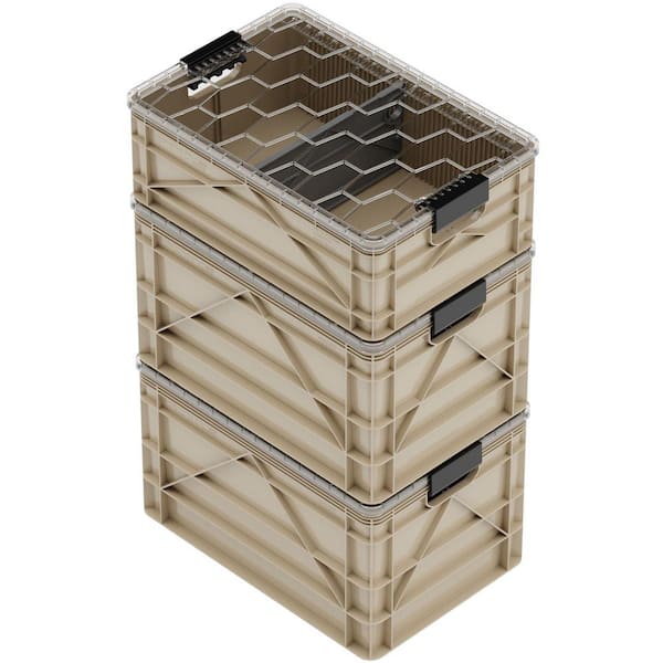 Crate Starter Pack 2 Full-Size and 1 Half-Size Heavy Duty Stackable Storage Bins with Lids and Dividers Tan