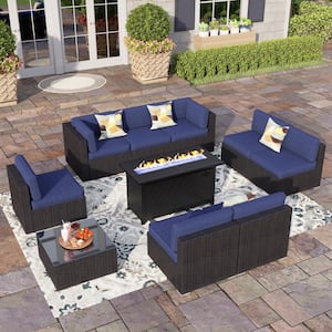 Dark Brown Rattan Wicker 8 Seat 10-Piece Steel Outdoor Fire Pit Patio Set with Blue Cushions and Rectangular Fire Pit