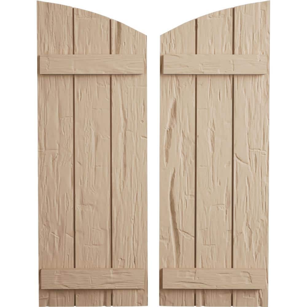 16.5 in x 38 in Polyurethane Hand Hewn Three Board Joined Board-n-Batten Elliptical Top Faux Wood Shutters Primed Tan price history on PriceWatchPro