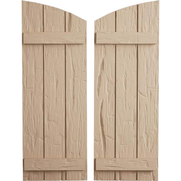 Ekena Millwork 16-1/2 in. x 60 in. Polyurethane Hand Hewn 3-Board Joined Board-n-Batten Elliptical Top Shutters, Primed Tan