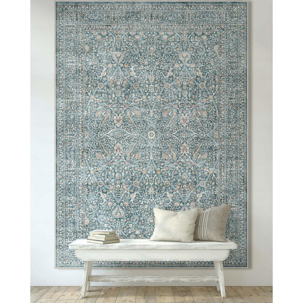 Blue and Beige Synthetic Flat-Weave Oriental Area Rug, 3'11" x 5'3"