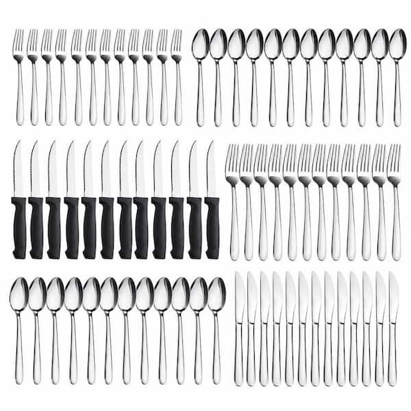 72-Piece Silver Stainless Steel Silverware Set with Steak Knives Forks Spoons, Knives Set, Dishwasher Safe Utensil Sets