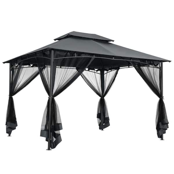 10 ft. x 12 ft. Gray Outdoor Metal Gazebo with Double Roof Soft Top and Netting