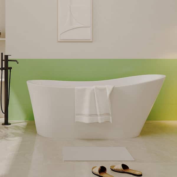 67in. L x 30in. W Freestanding Slipper Soaking Bathtub with Chrome Overflow & Pop-Up Drain, cUPC Certified, Glossy White