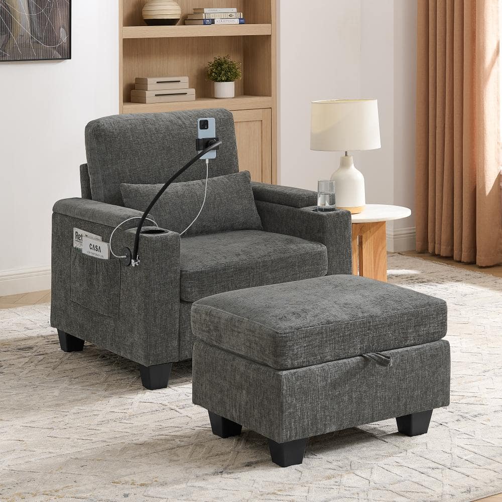 Single Recliner Sofa with Adjustable Backrest,USB Port,Phone Stand,Hidden Storage & Ottoman,Gray price history on PriceWatchPro