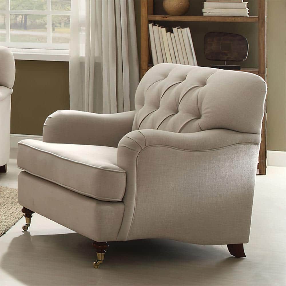 Elegant Beige Leather-Wood Accent Chair with Diamond Tufting