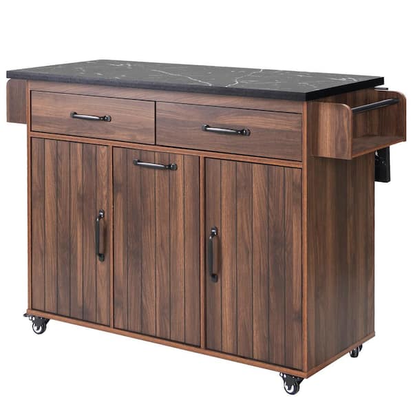 Tileon Brown Wood 44 in. Kitchen Island Cart with Drop Leaf, Trash