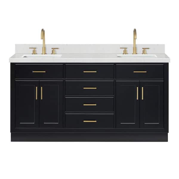 Hepburn 66 in. Double Sink Freestanding Bathroom Vanity in Black with Carrara White Quartz Top