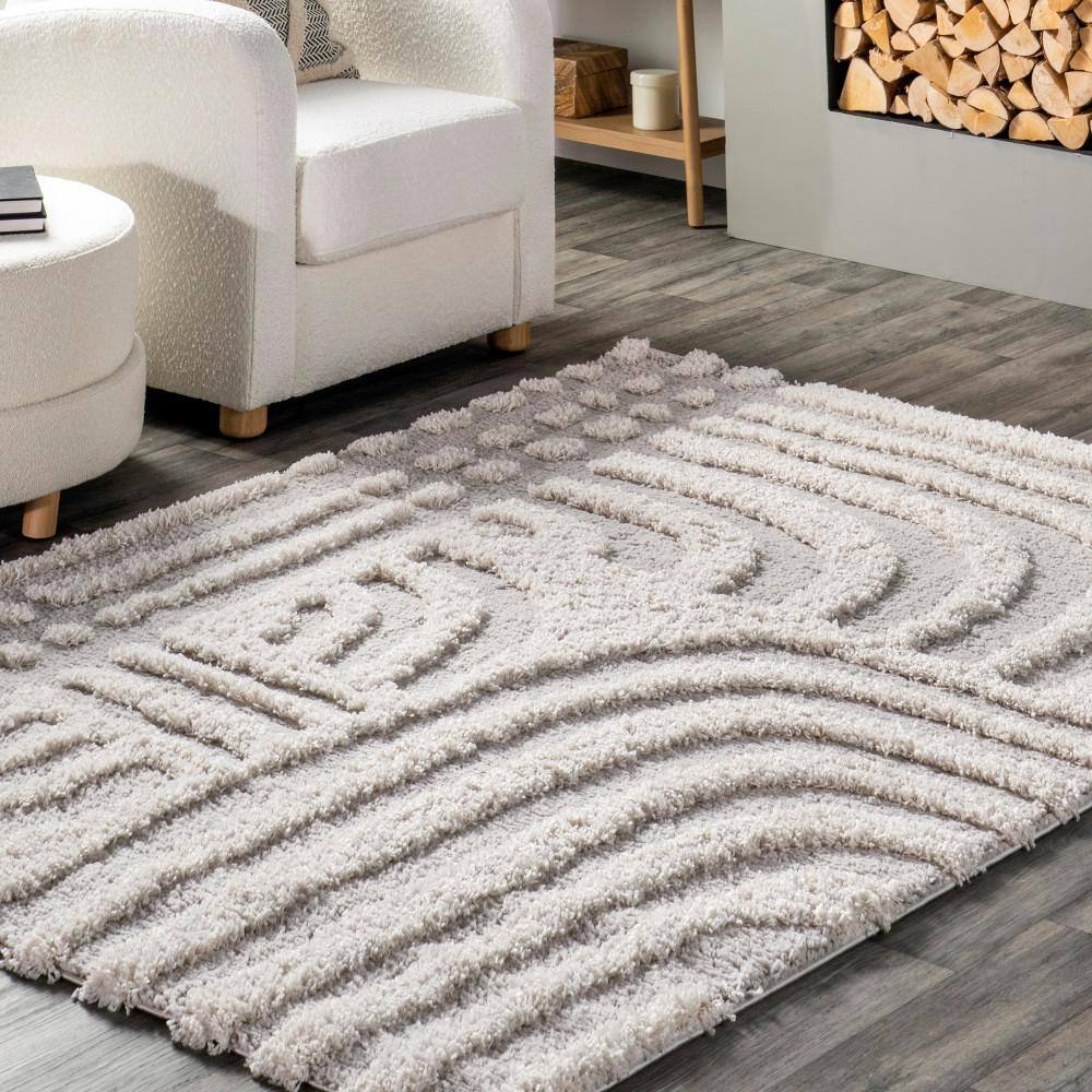 Modern Shag 4' x 6' Gray and White Synthetic Area Rug