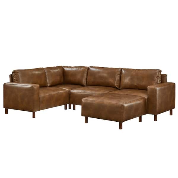 Modern Luxury 104 in. Wide Square Arm Breathable PU Leather Modular Five-Piece Corner Sofa with Ottoman in Brown