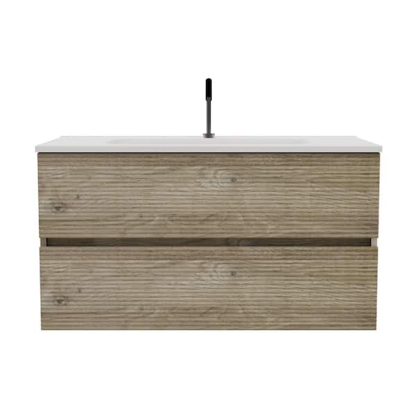 Boosicavelly 30 in. W x 18 in. D x 20 in. H Single Sink Wall Mounted Bath Vanity in Oak with White Ceramic Top