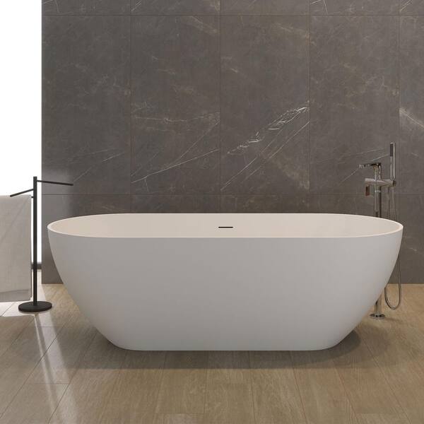 59 in. x 29.5 in. Freestanding Solid Surface Soaking Bathtub with Drain and Overflow in Matte White