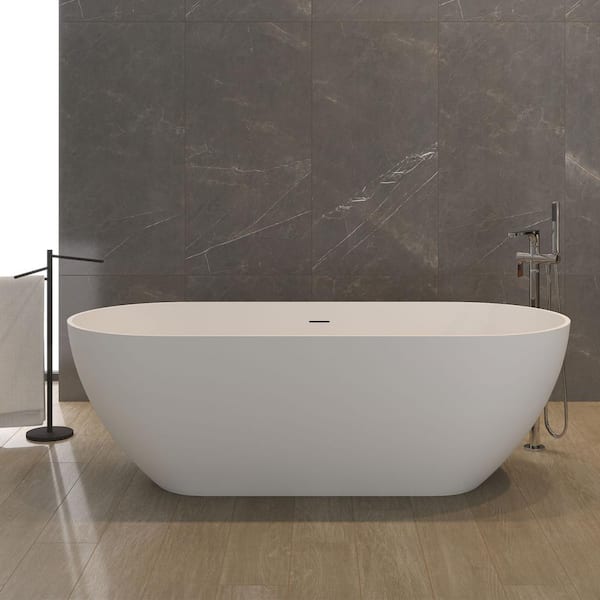 Opvande 62.9 in. x 29.52 in. Contemporary Oval Solid Surface Soaking Bathtub Stone Resin Freestanding Bathtub in Matte White